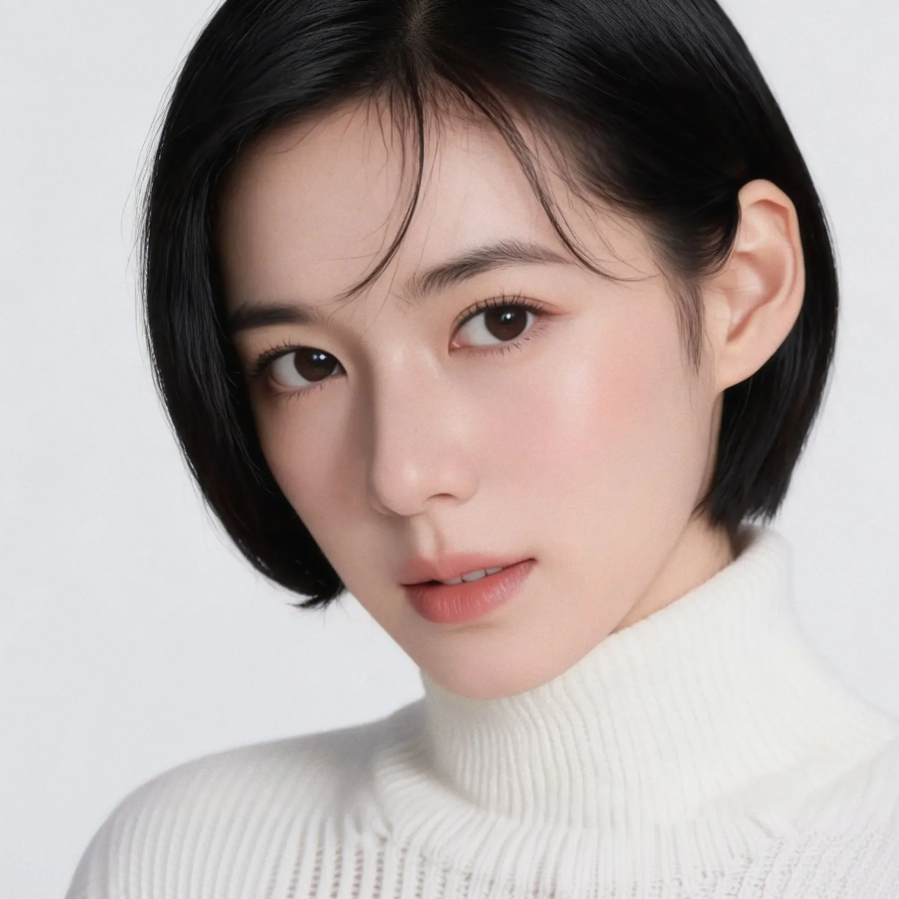 검은 머리와 진한 갈색 눈을 가진 여성의 얼굴 일부, 흰색 니트 옷을 입고 있는 모습