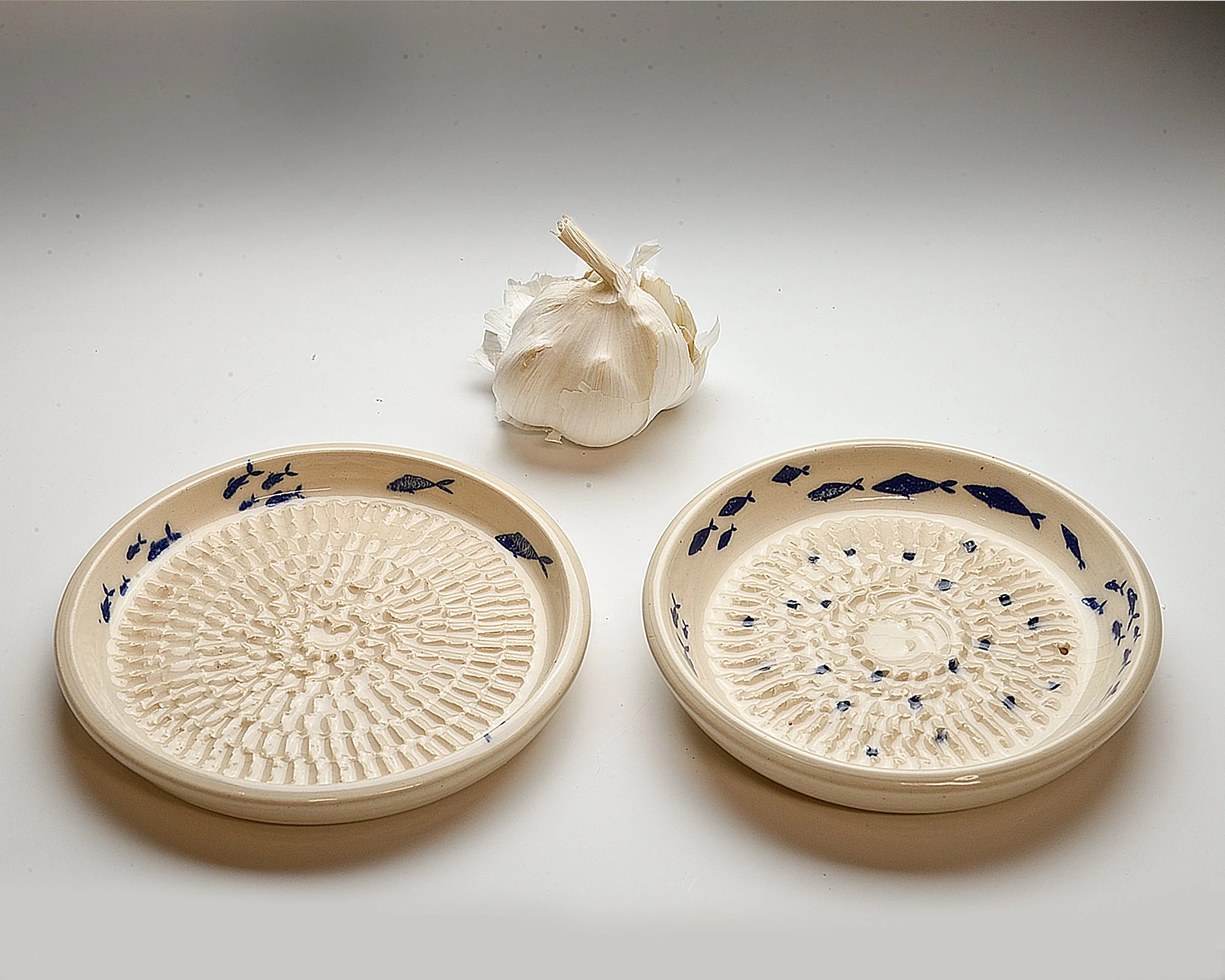 Ceramic Garlic Grater & Olive Oil Server with Blue Fish Design