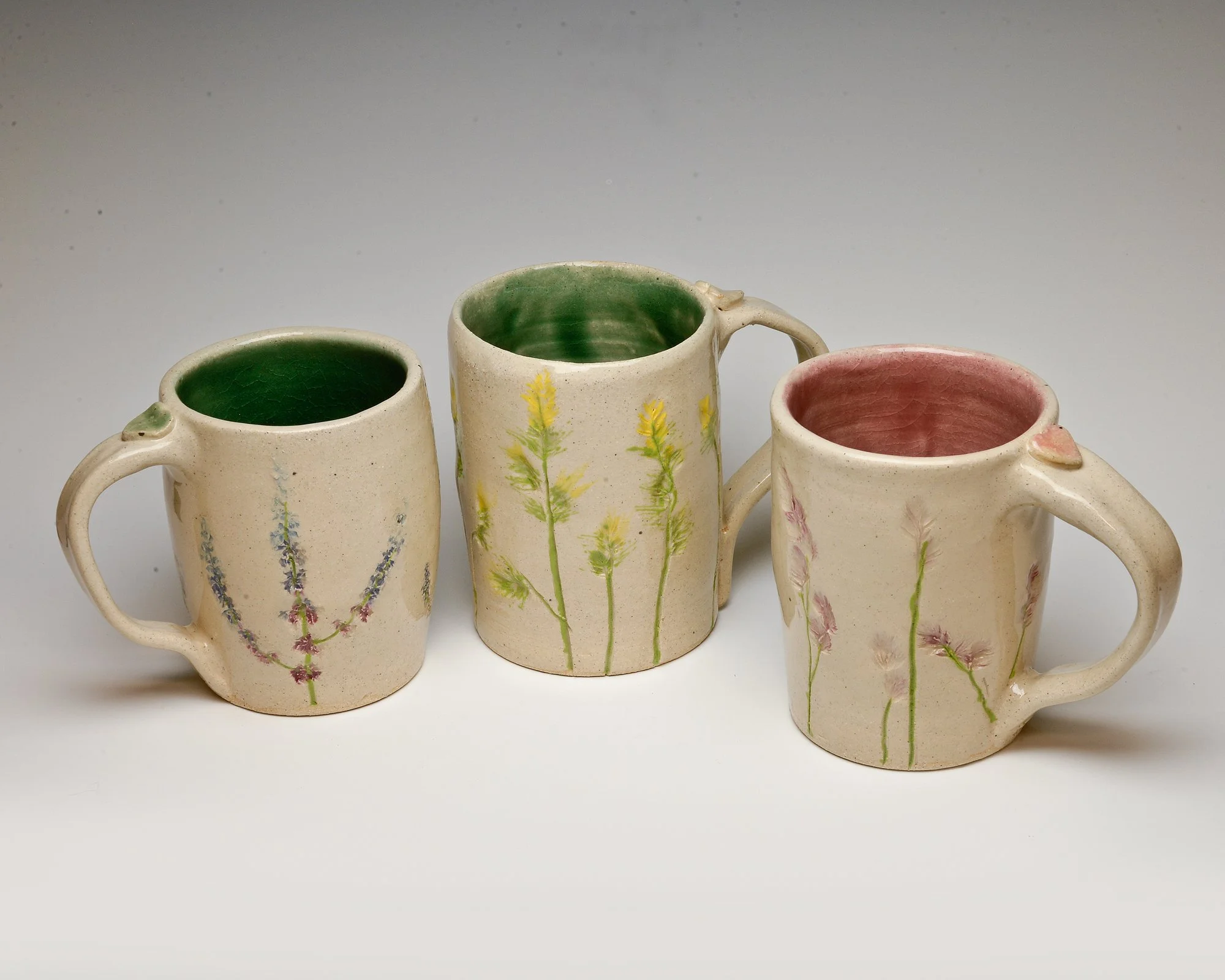 Artisanal Foliage Impressed Hand-Painted Mugs