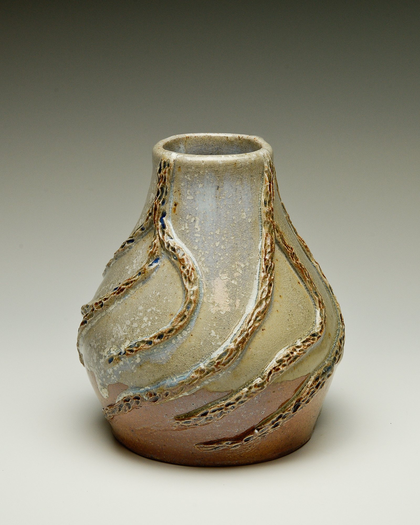 Artisan Wood-Fired Narrow Neck Vase with Root Embellishments