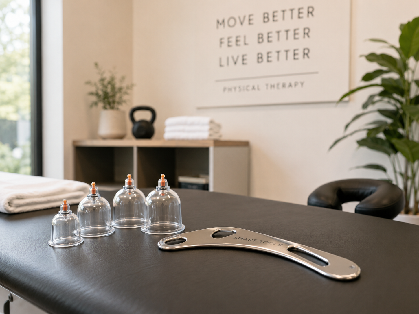 Cupping cups and an IASTM tool arranged on a physical therapy treatment table