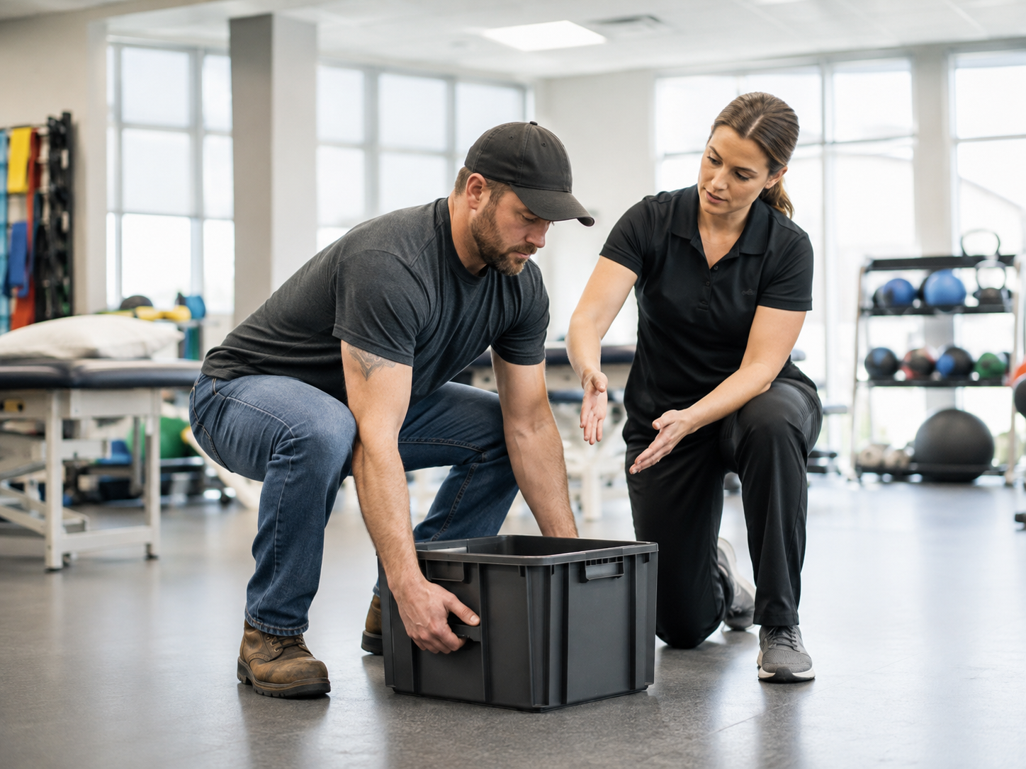 Physical therapist teaching a worker how to lift a box safely