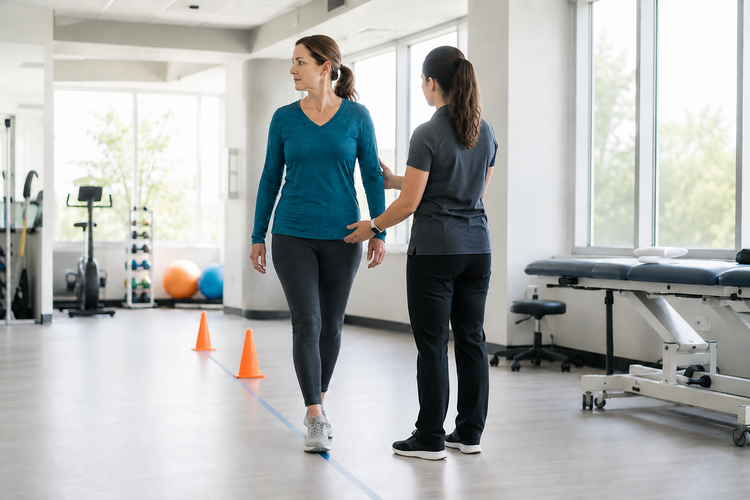 Patient completing balance rehabilitation with a physical therapist using cones