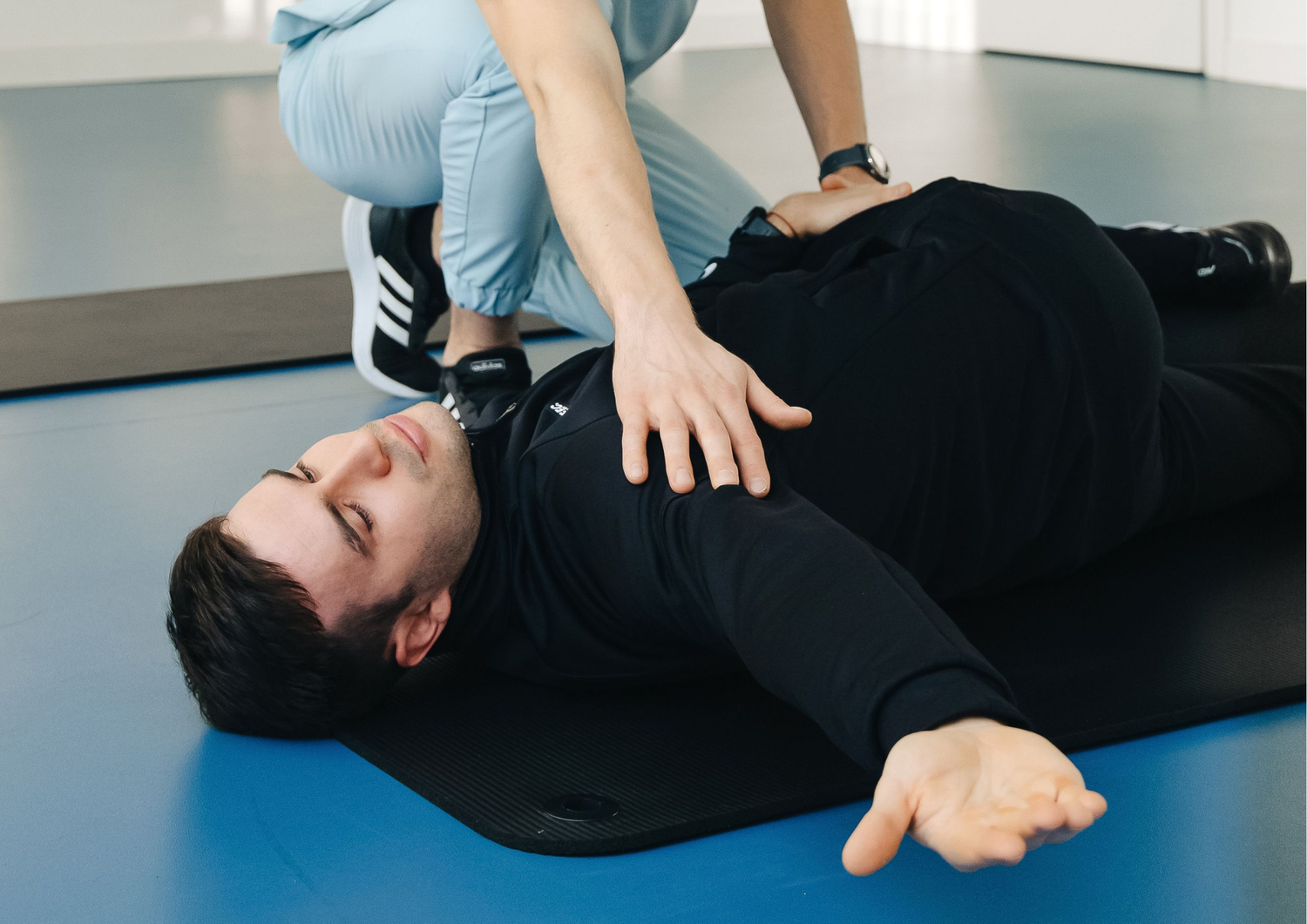 Patient performing a guided mobility exercise during physical therapy