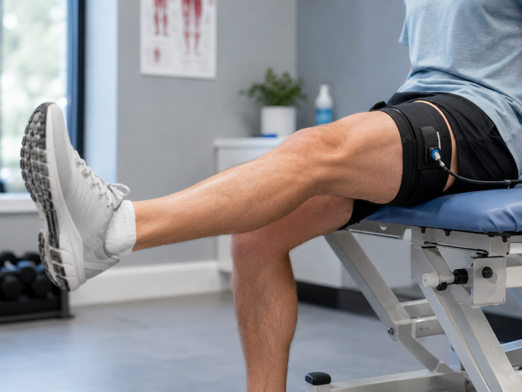 Close-up of a person performing a seated long arc quad exercise with a blood flow restriction cuff around the upper thigh in a rehabilitation setting.