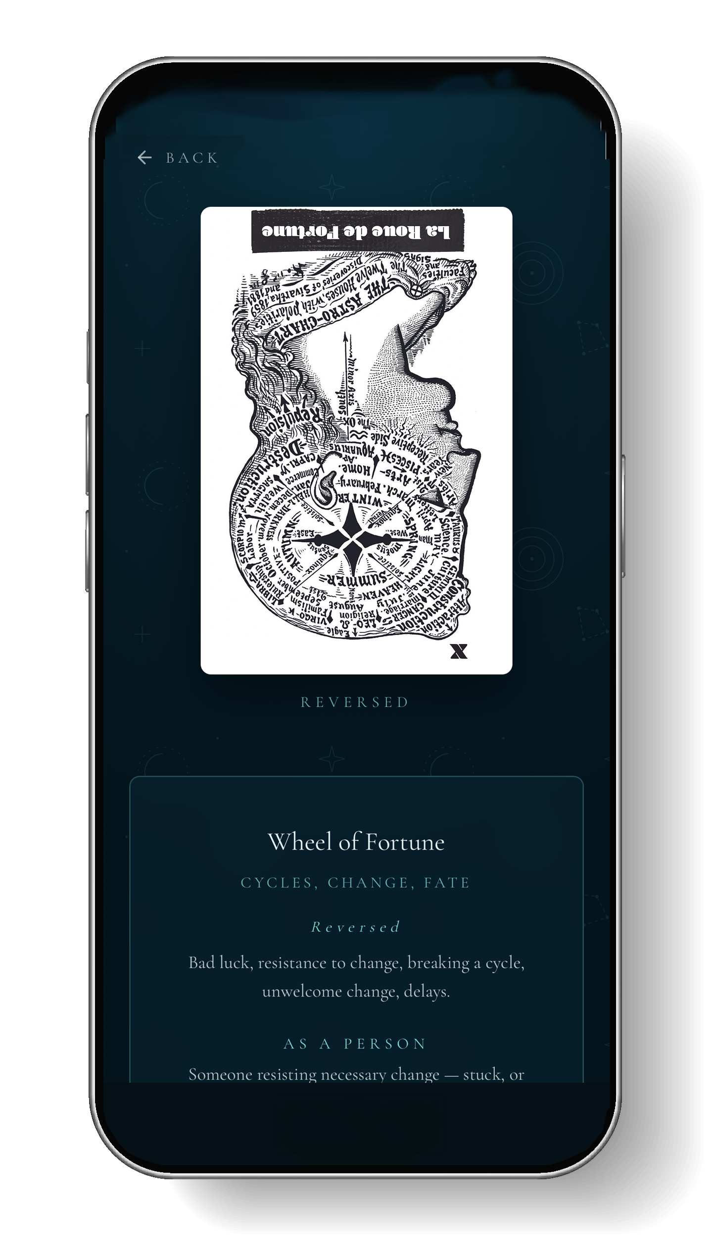 Digital illustration of a tarot card titled 'The Astwo-Chart'. The card features a detailed, handcrafted drawing of a human brain in profile, with text and lines symbolizing cycles, change, and fate. The card is reversed, indicating an upside-down or