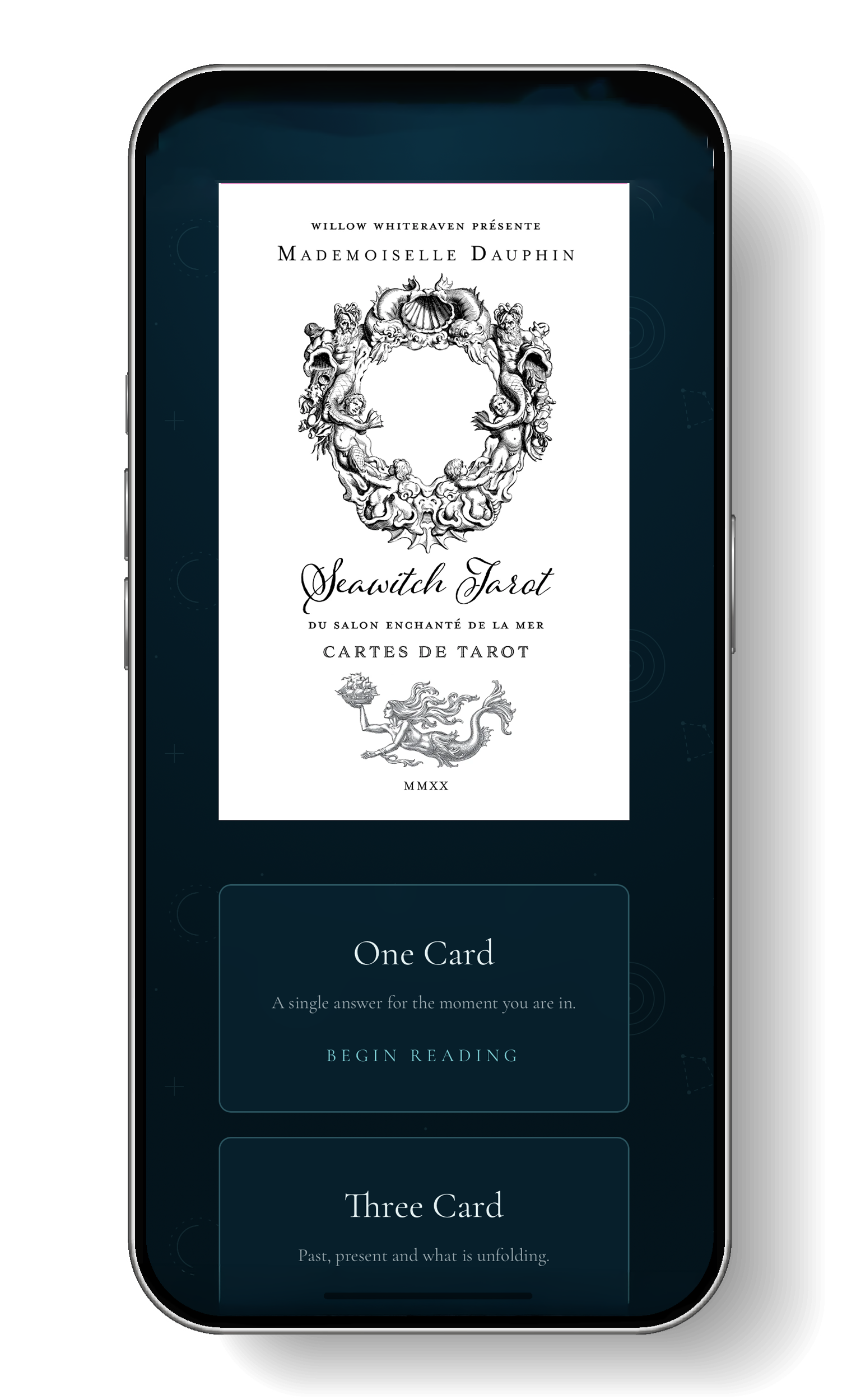 Mobile phone screen displaying a tarot card reading app with the title 'Seawitch Tarot' and illustrations including a ring of mythological creatures surrounding a shell, a mermaid holding a ship, and text options for one card and three card readings.