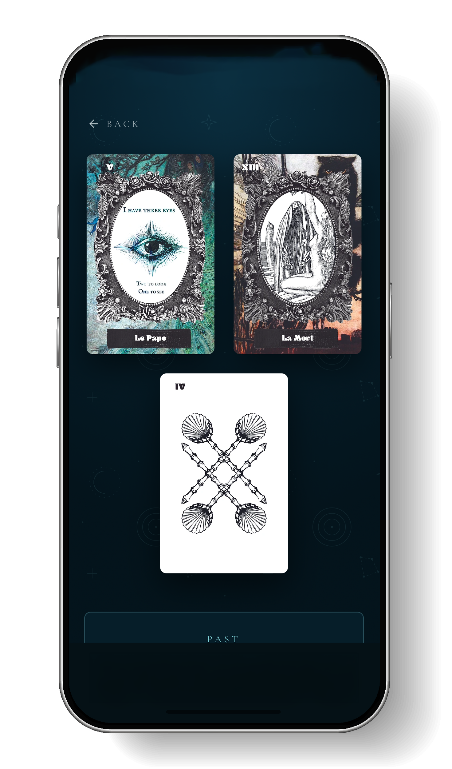 A digital tarot card app on a smartphone screen displaying three tarot cards, with the top two cards showing detailed illustrations and labels, and the third card partially visible below.