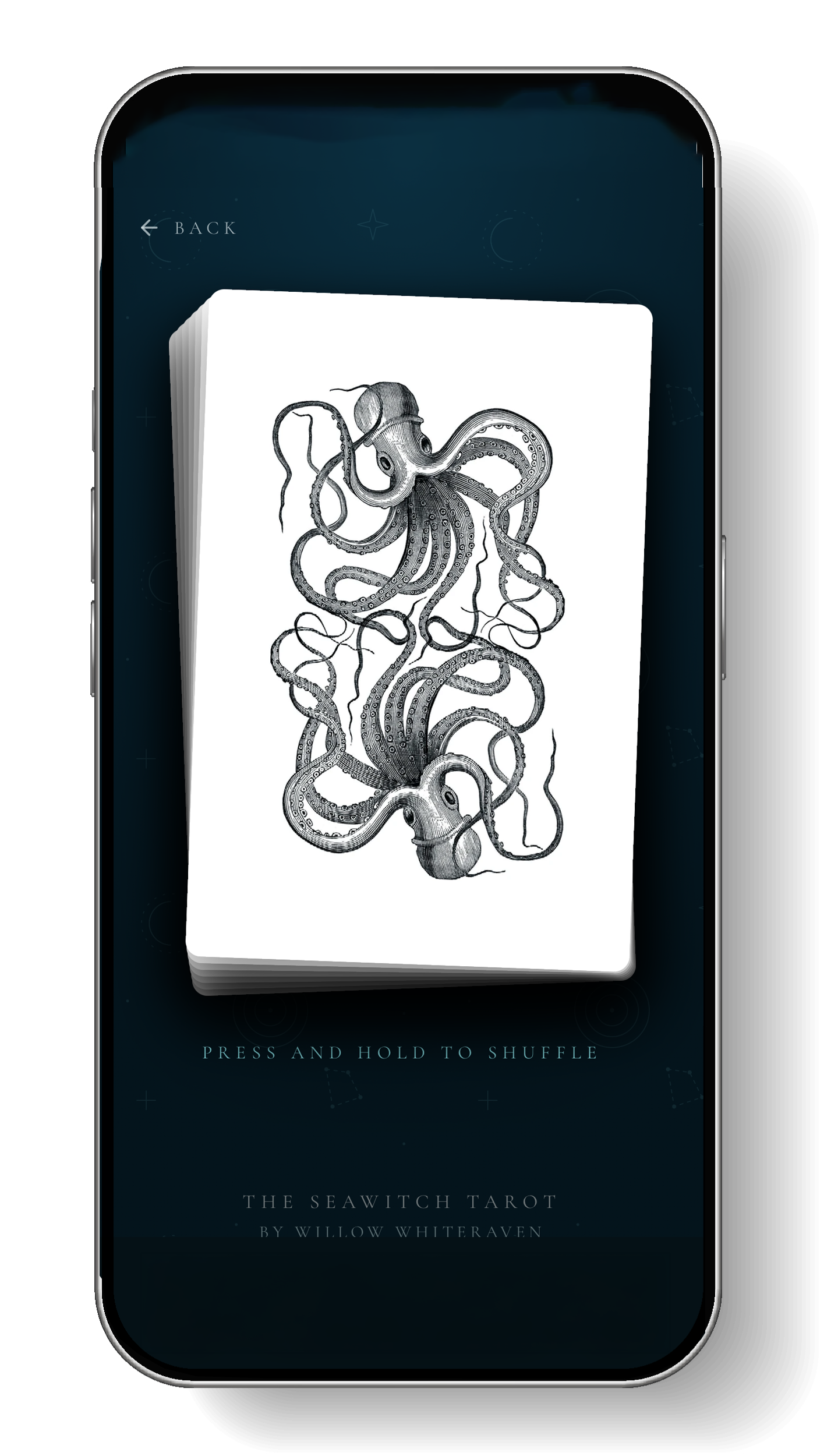 A smartphone screen displays a digital tarot card featuring a detailed black and white illustration of an octopus. The card is titled "The Seawitch Tarot" by Willow Whiteraven, with instructions to press and hold to shuffle.