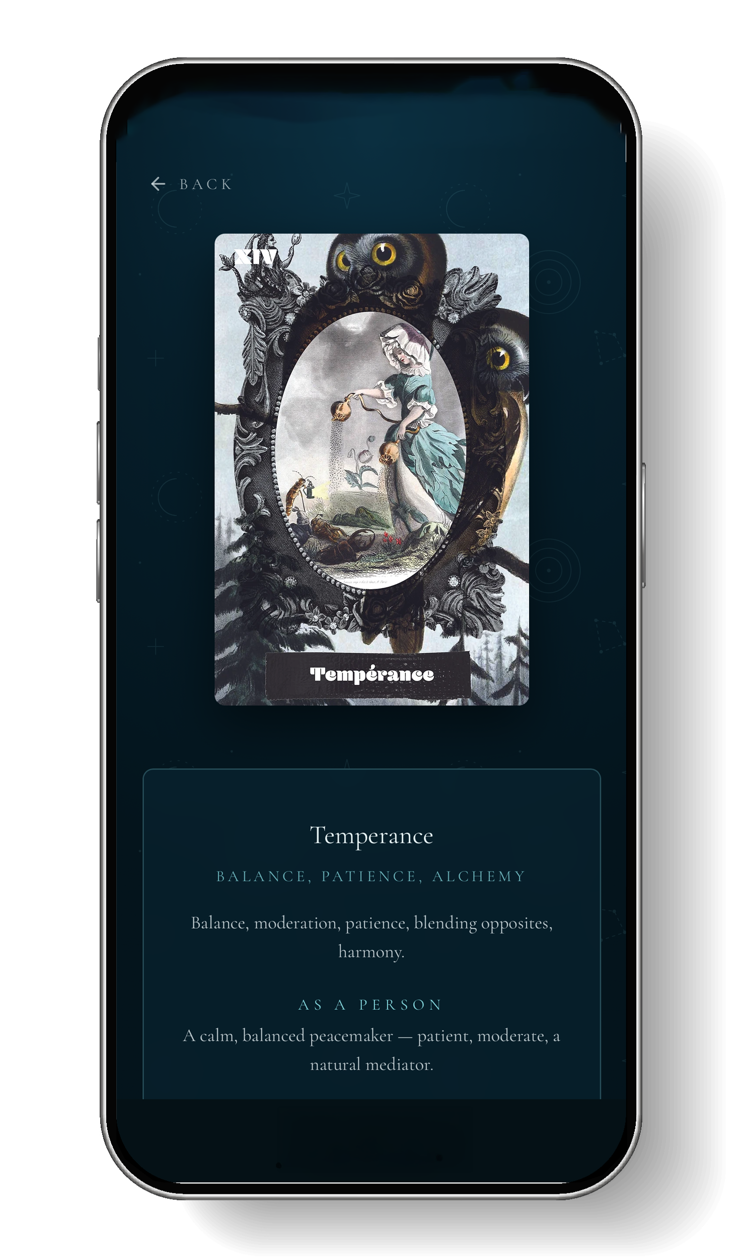 Digital screen displaying a card titled 'Temperance' with artwork featuring an owl and a person blending elements, representing balance and patience.