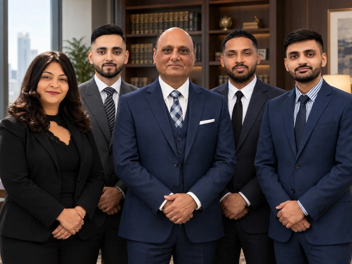 Group of five professionally dressed individuals standing in an office setting, with a wooden bookshelf and window in the background.