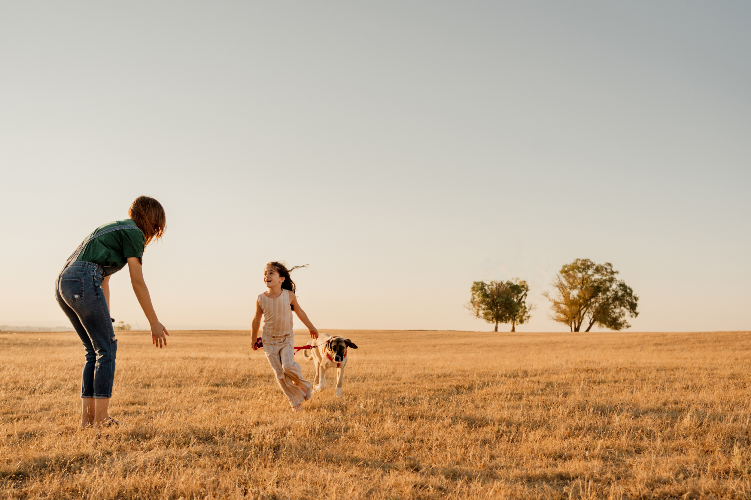 Woman, Daughter and their dog running in a field.
