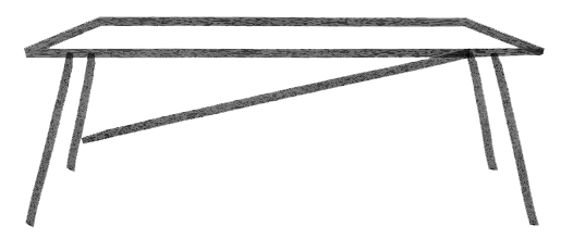 A rectangular table with four angled legs and an additional diagonal support bar.