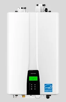 A white Navien brand gas tankless water heater unit with a green display screen and control buttons.