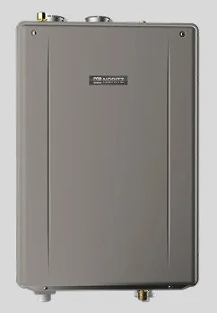 A gray Noritz brand gas tankless water heater unit.