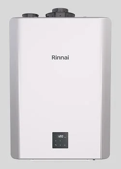 A light gray metal Rinnai brand gas tankless water heater unit with digital display.