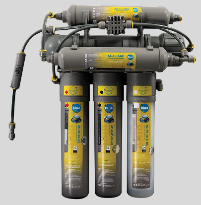MAC Water Technologies three-stage reverse osmosis drinking water filtration system with gray filters and yellow labels, connected by various tubes and fittings.