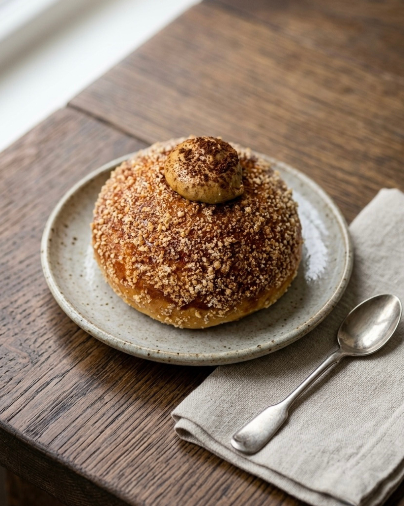 Close-up of a dessert with a round pastry coated in crushed nuts and topped with a dollop of brown cream or custard on a speckled ceramic plate, placed on a wooden table with a beige napkin and silver spoon nearby.