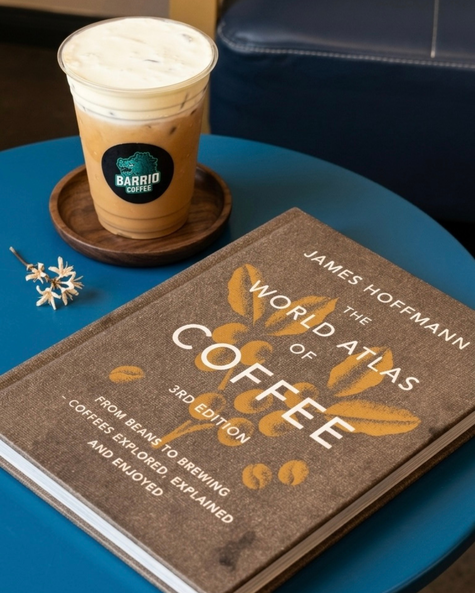 A plastic cup of iced coffee with cream on top, sitting on a round wooden coaster on a blue table, next to a book titled "The World Atlas of Coffee" by James Hoffmann.