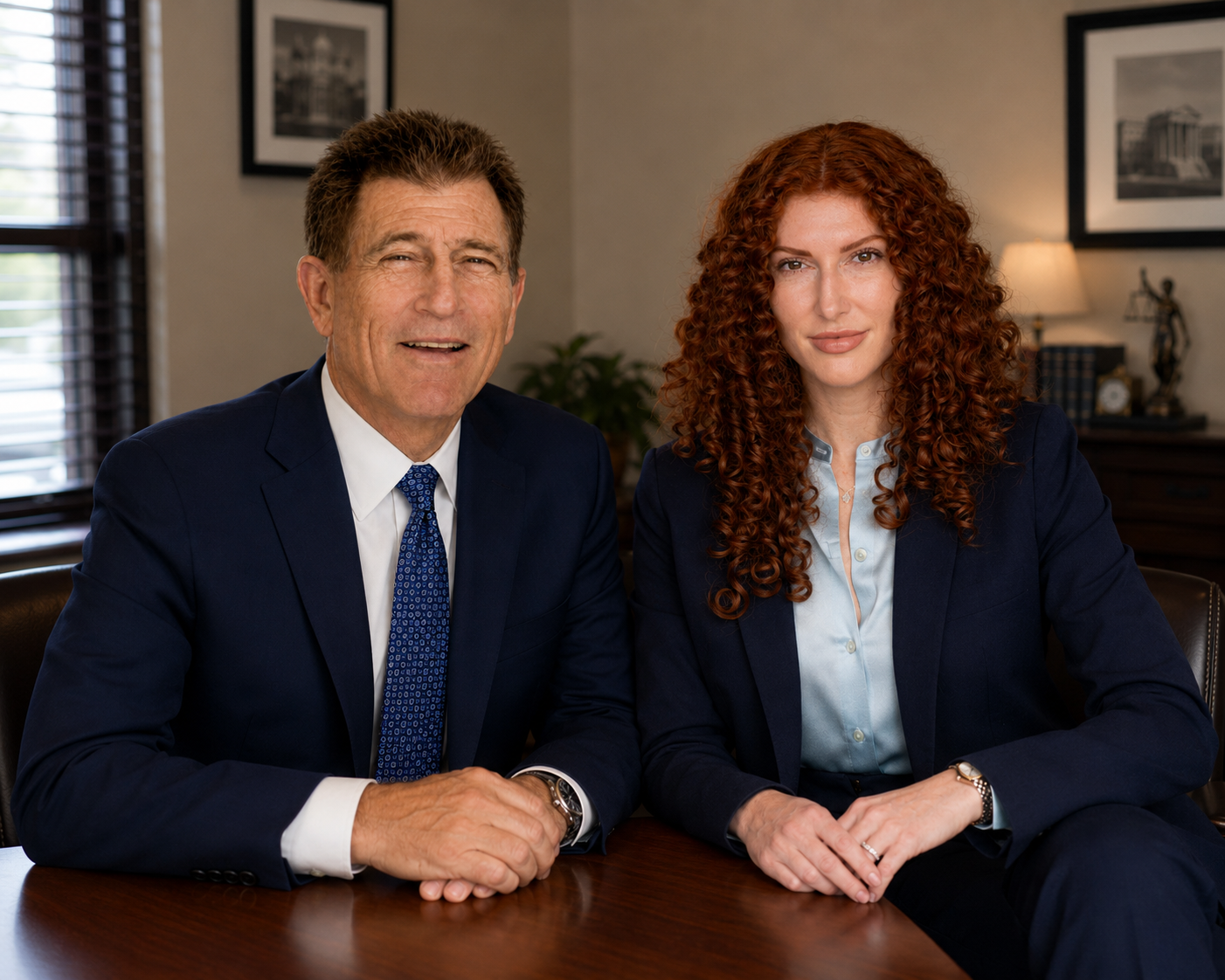Marlee Elise Sherman and Gary Sherman, lawyers in Woodland Hills. Gary is in a dark blue suit and a Marlee is in a matching dark blue blazer sitting at a wooden table in an office with framed pictures and a lamp in the background.