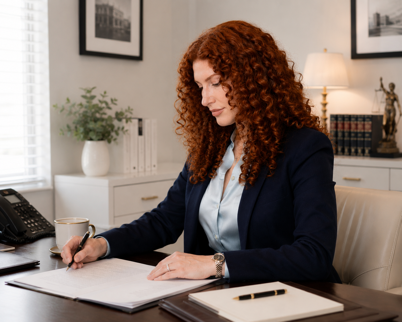 A woman with curly red hair sitting at a desk, writing on a document in an office setting.