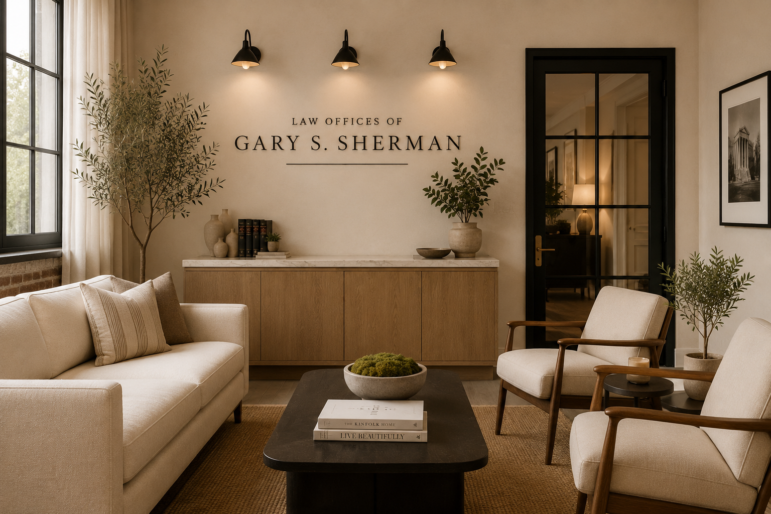 Reception area of a law office with a sign for Gary S. Sherman, beige sofa and armchairs, wooden tables, indoor plants, framed black and white photograph.