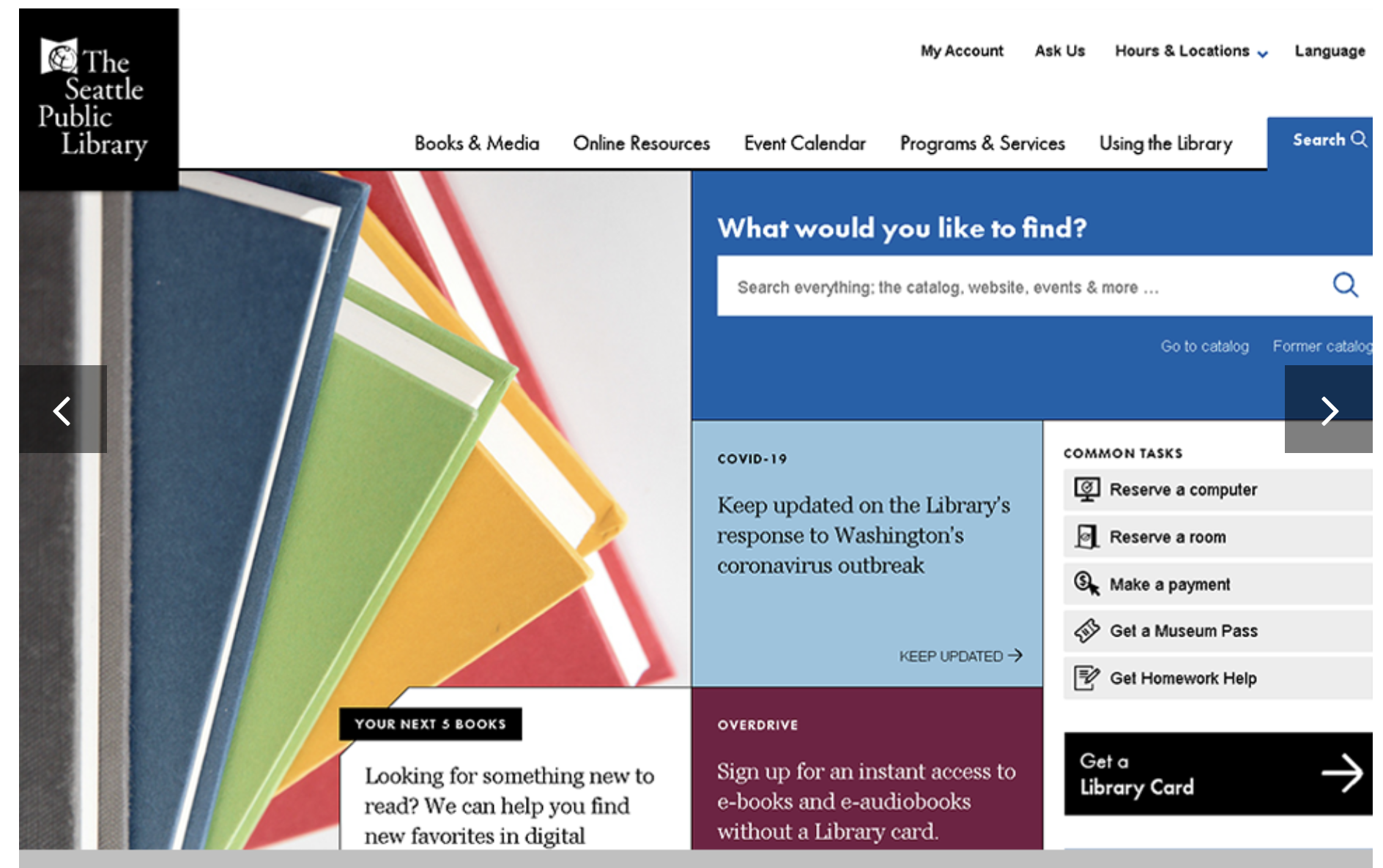 Screen shot of the Seattle Public Library home page