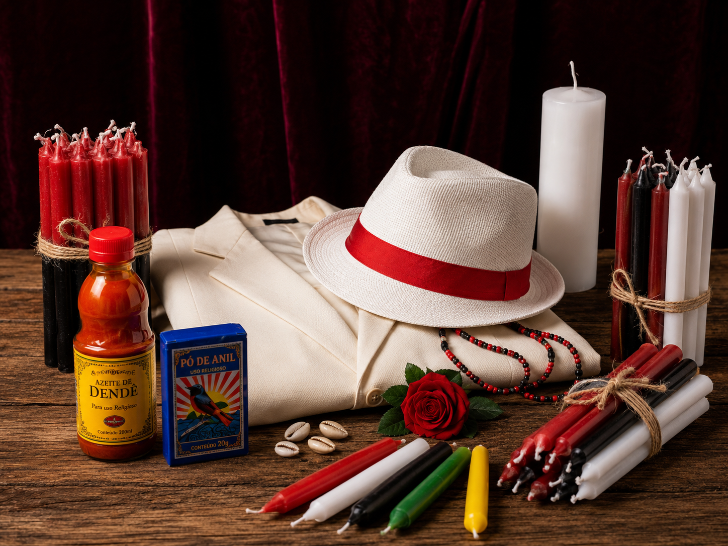 Itens para ritual religioso, incluindo vela, chapéu branco com fita vermelha, roupas brancas, pérolas, rosas vermelha, pó de anil, tempero vermelho, balas de hortelã, e ovos de carpa, dispostos sobre uma mesa de madeira com fundo de cortina vermelha.