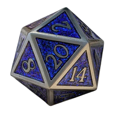 A 20-sided tabletop die with a blue and silver design, numbered 8, 20, 14, and other faces.