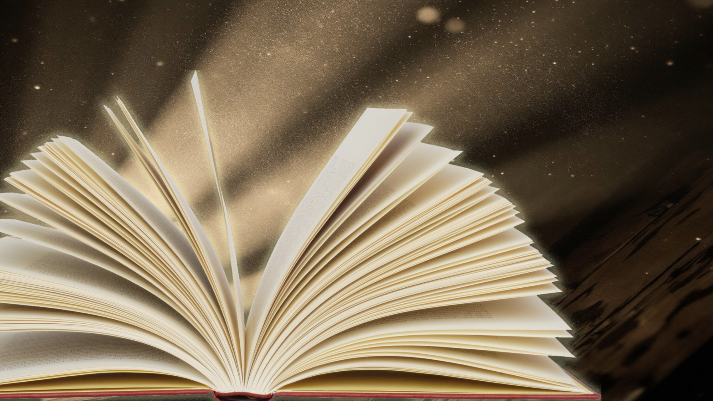 An open book with pages fanned out against a starry night sky background.