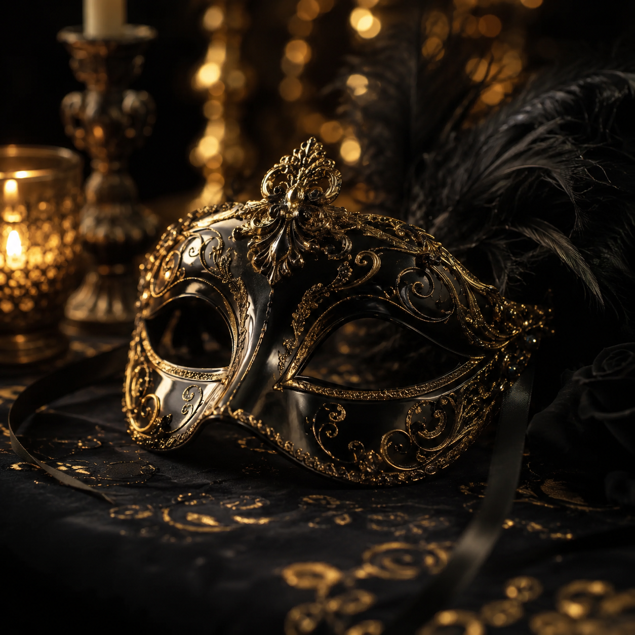 A black and gold ornate masquerade mask with feathers and decorative details, set against a dark, elegant background with gold accents and candlelight.