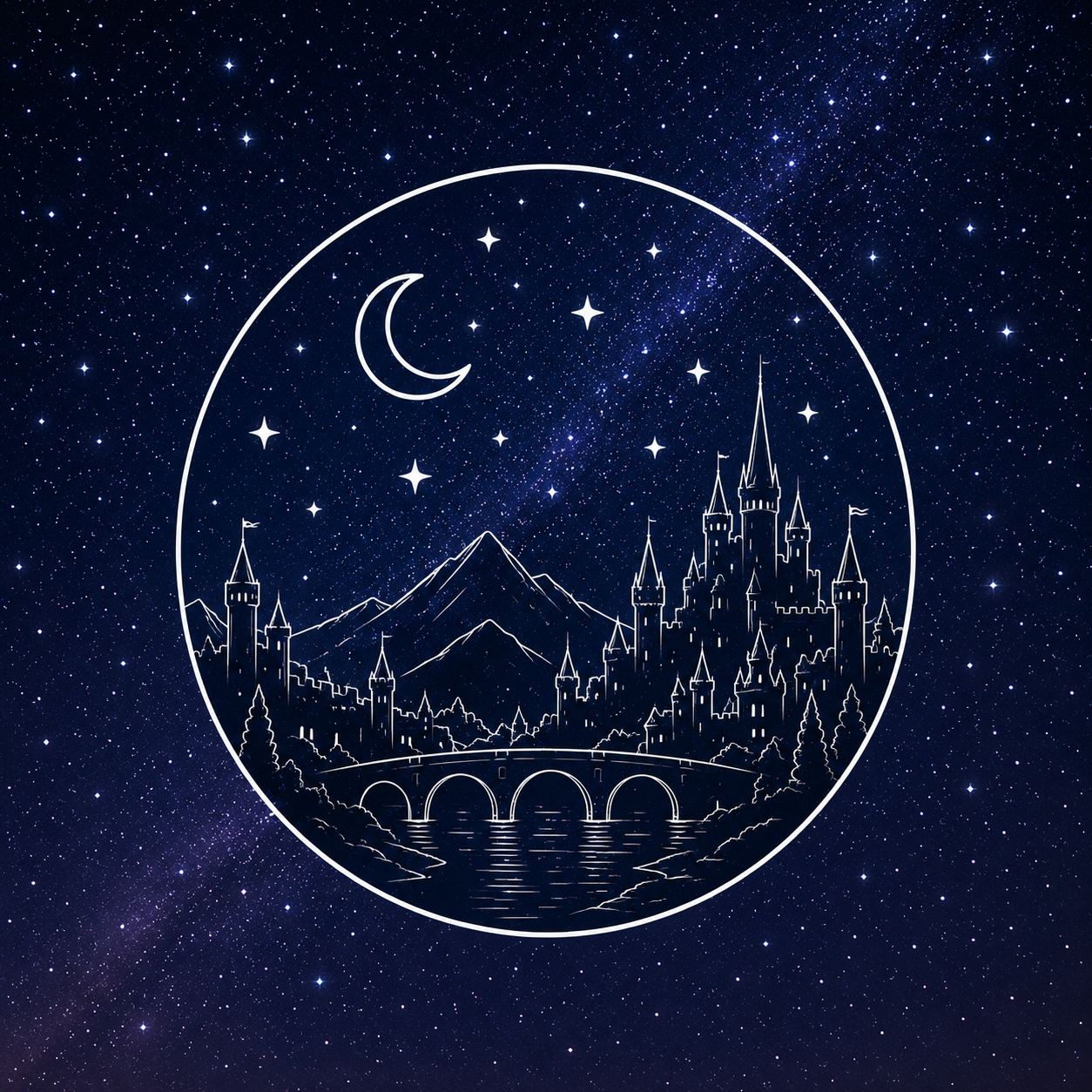 Line drawing of a castle with multiple towers, a bridge over a river, and mountains in the background, set inside a circle outlined with stars, a crescent moon, and a night sky filled with stars.