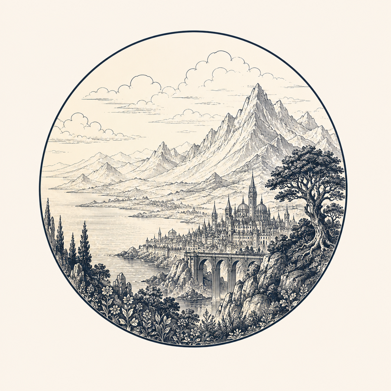 Black and white illustration of a fantasy landscape with a castle, mountains, trees, and a bridge over water.