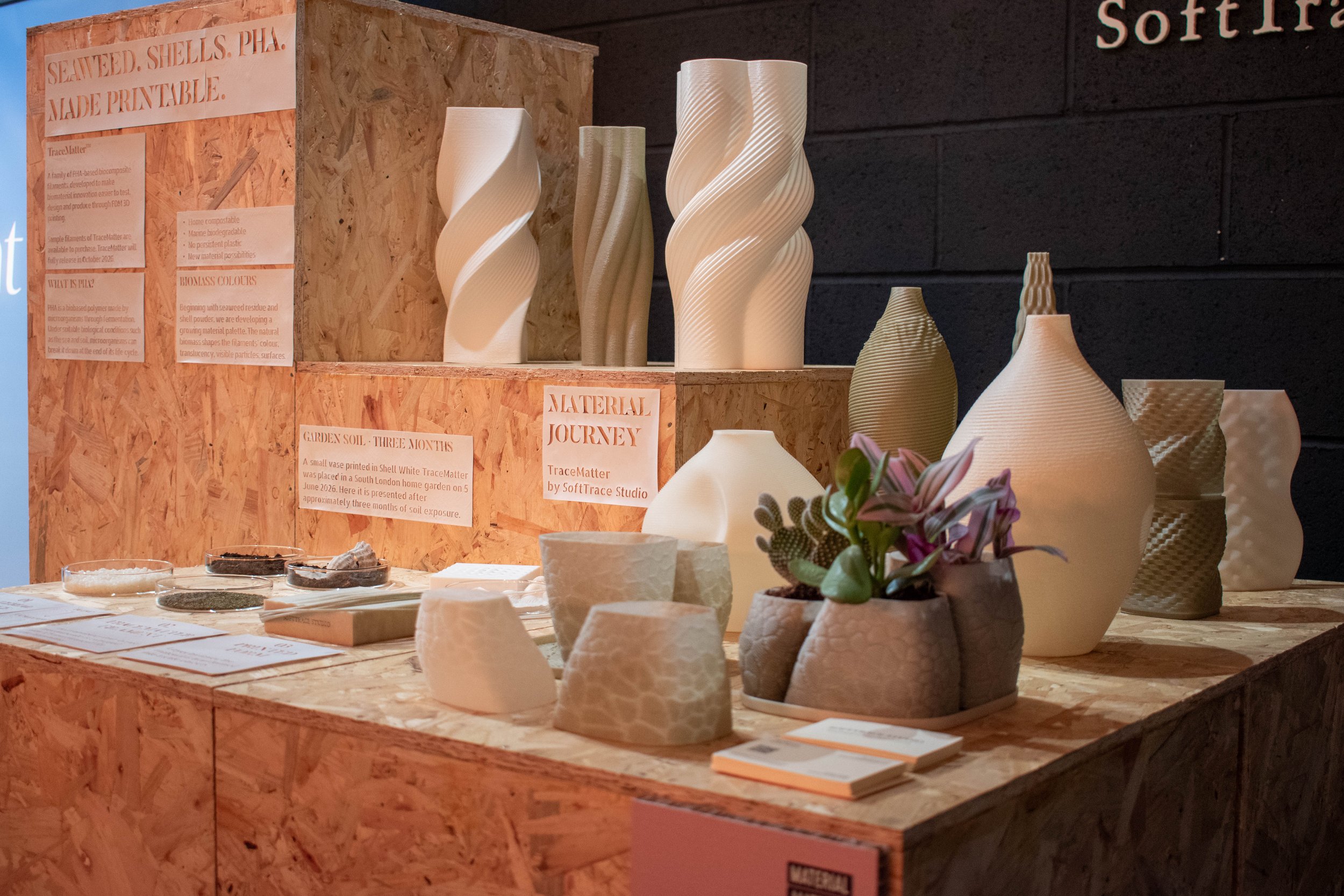 TraceMatter™ 3D-printed vases and plant pots at the SoftTrace Studio stand during Material Matters London 2026.