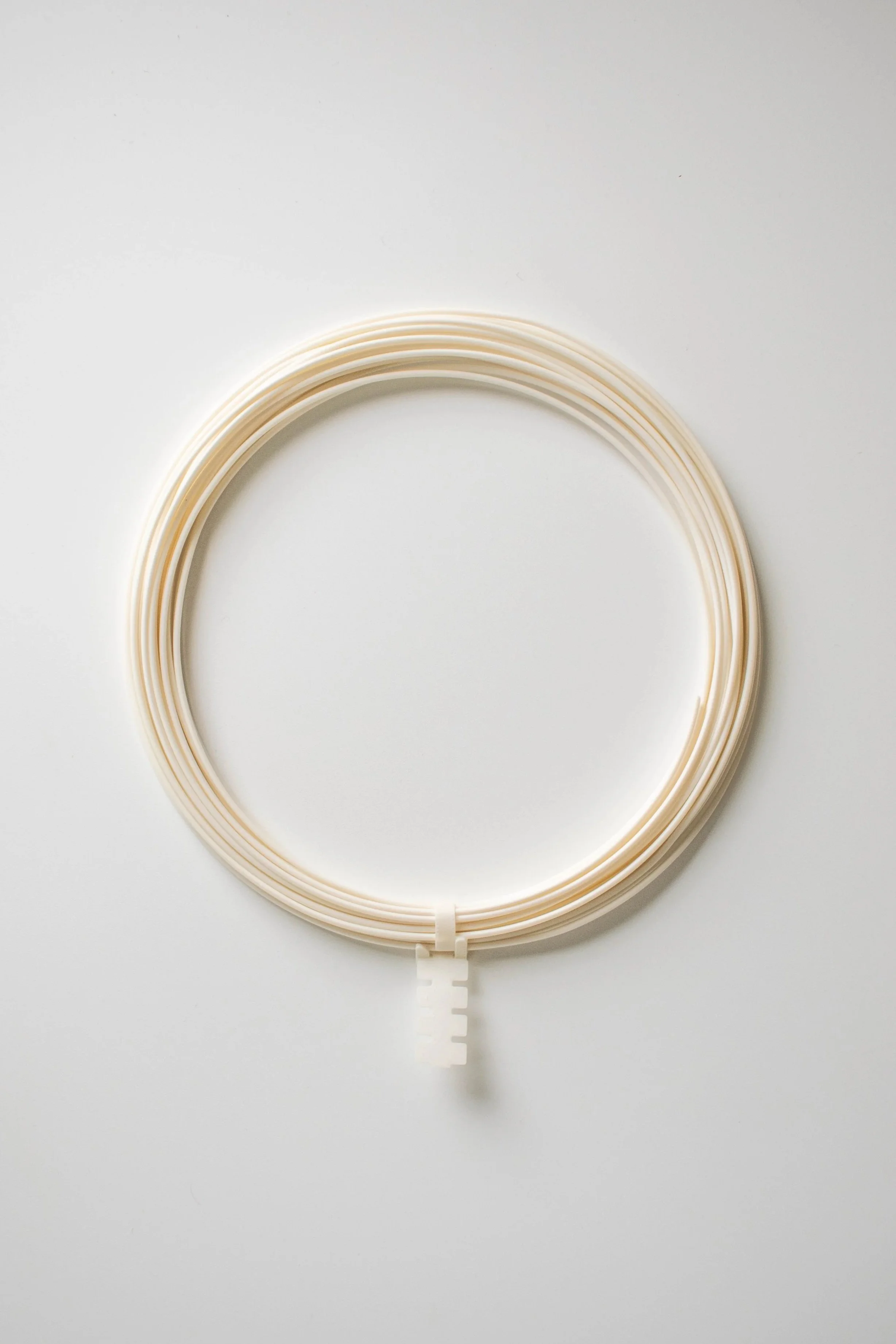 | 2 | `DSC_0895.jpg` | Shell White TraceMatter™ trial filament arranged as a loose coil with a printed retaining clip |