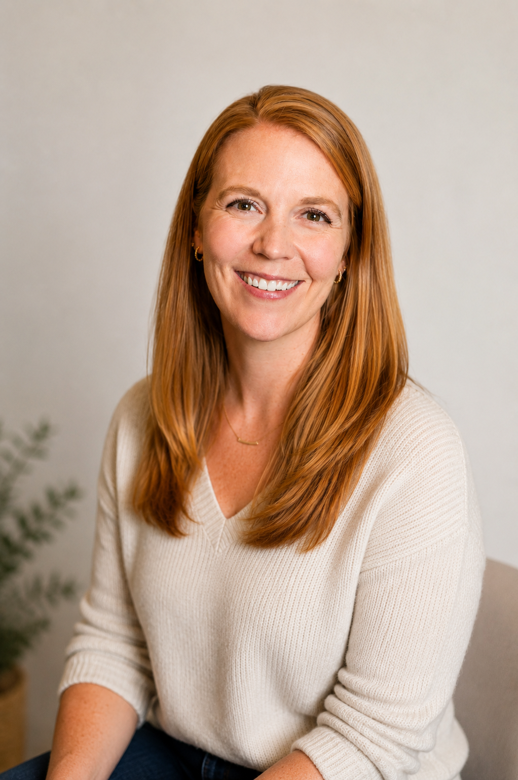 A woman with long red hair, wearing a cream-colored sweater, smiling at the camera against a plain light wall background.