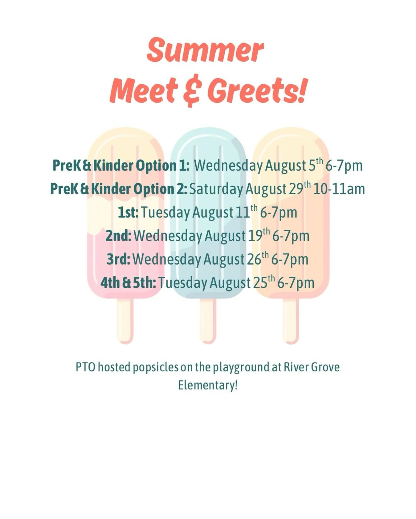 ☀️ Popsicles on the Playground! ☀️
Join us this August for our Grade-Level Meet &amp; Greets at the River Grove Elementary playground! These casual get-togethers are a fun way for students and families to reconnect with old friends, meet new classmat