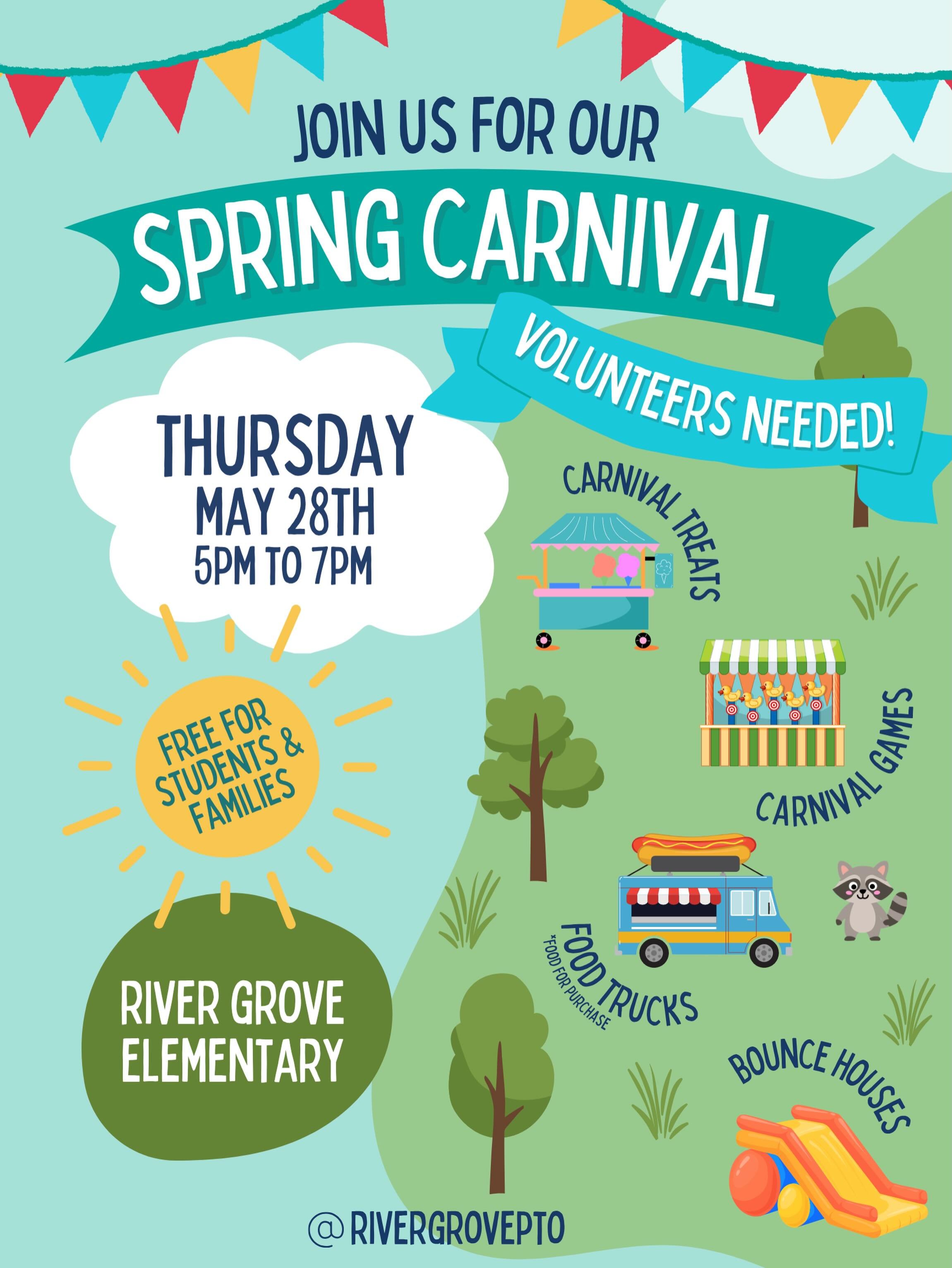 River Grove families &mdash; our Spring Carnival is almost here, and we need YOUR help to make the magic happen! 🎪✨

This is one of our biggest (and most fun!) events of the year with a DJ, tons of treats, games, prizes, bounce houses, and so much m