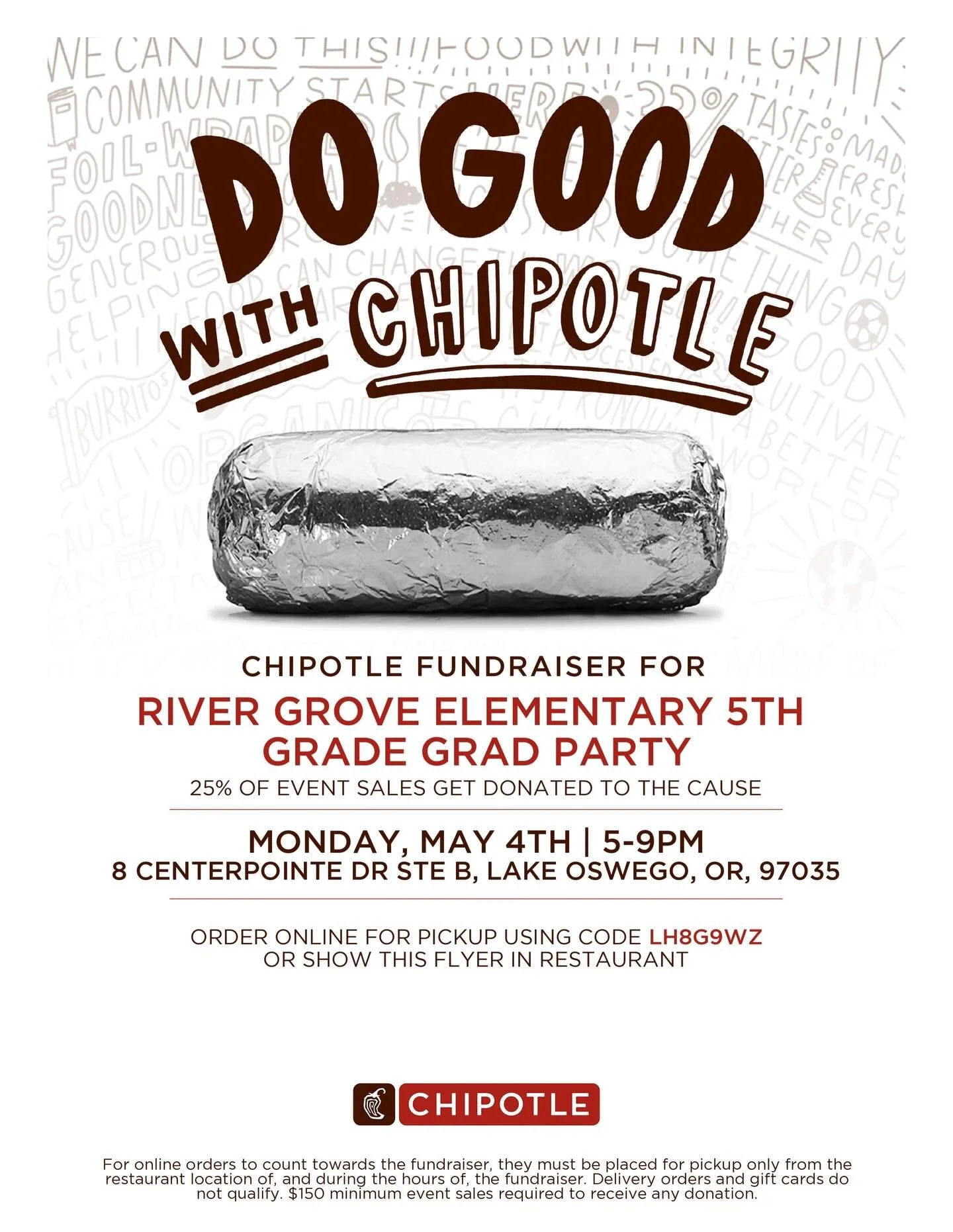 🌯✨ Dinner plans = DONE (and for a great cause!) ✨🌯

Join us at Chipotle Mexican Grill (Centerpointe Dr location) on Monday, May 4th from 5&ndash;9 PM to support our River Grove 5th Grade Grad Party! 🎓🎉

💛 25% of event sales go directly back to o