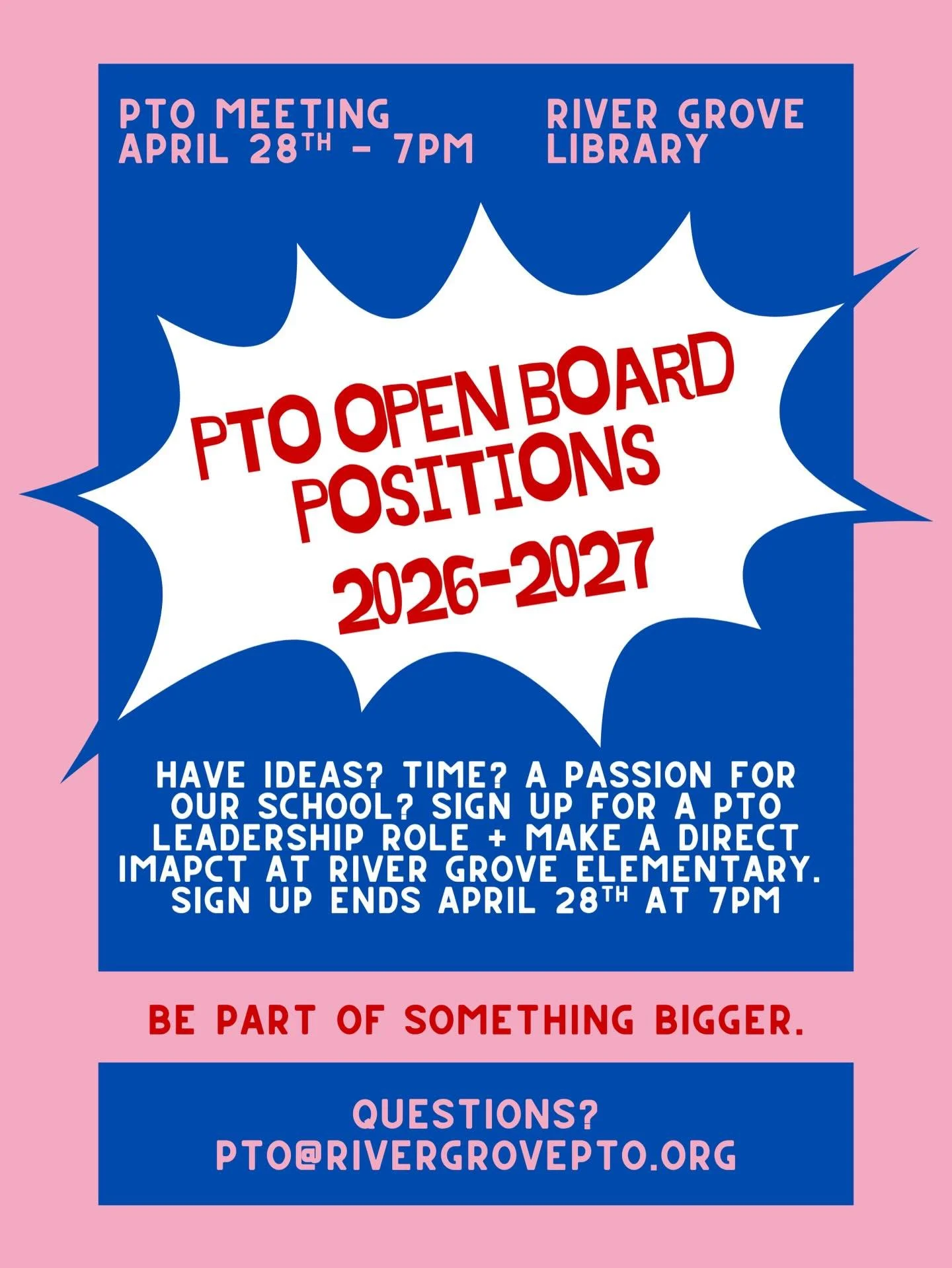 River Grove families, there is still time to get involved and help make next year amazing ✨

We are continuing to accept nominations and volunteers for the 2026 to 2027 PTO Board. Whether you have a specific role in mind or just want to get more invo