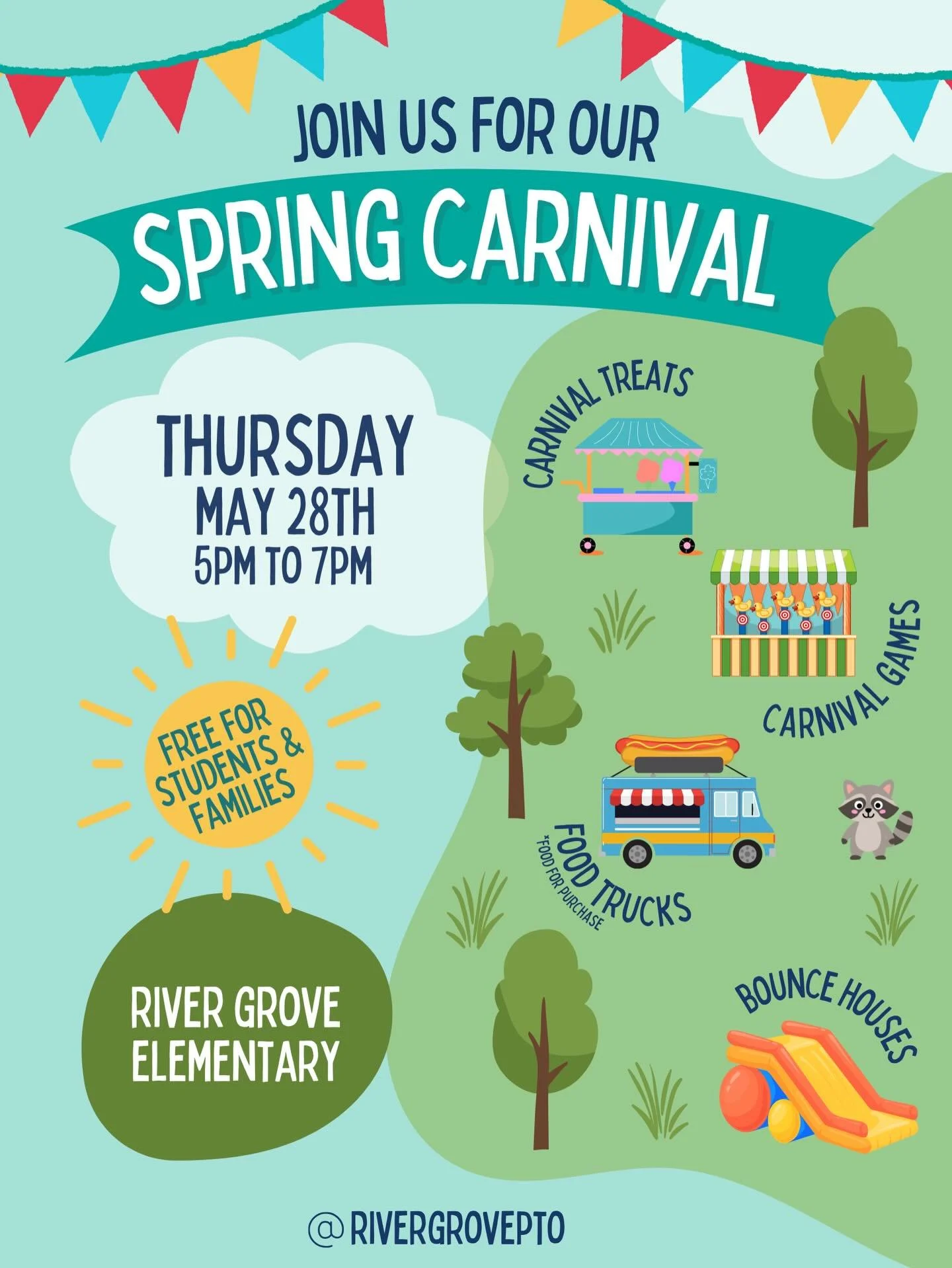 🎡🌸 River Grove Elementary Spring Carnival 🌸🎡

Mark your calendars for a fun-filled evening with our school community!

📅 May 28th
⏰ 5:00&ndash;7:00 PM

Join us for games, prizes, bounce houses, sweet treats, and food available for purchase! This