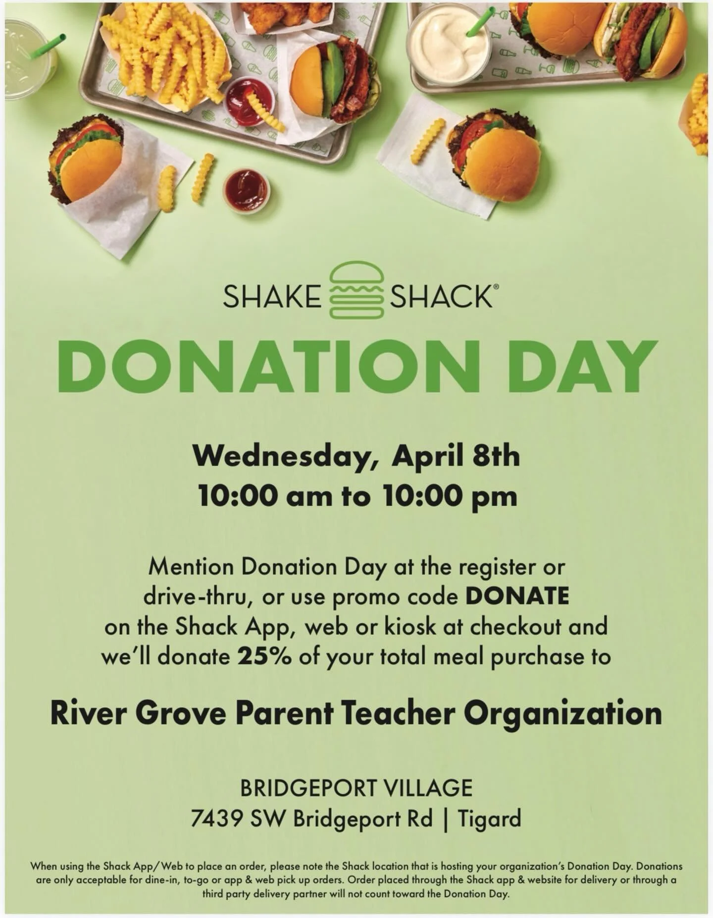 🍔✨ Shake Shack for a cause!

Join us TOMORROW (April 8th) from 10am&ndash;10pm at the Bridgeport location and support River Grove PTO!

Grab a burger, shake, or fries and a portion of your purchase goes right back to our school 💛

Bring your friend