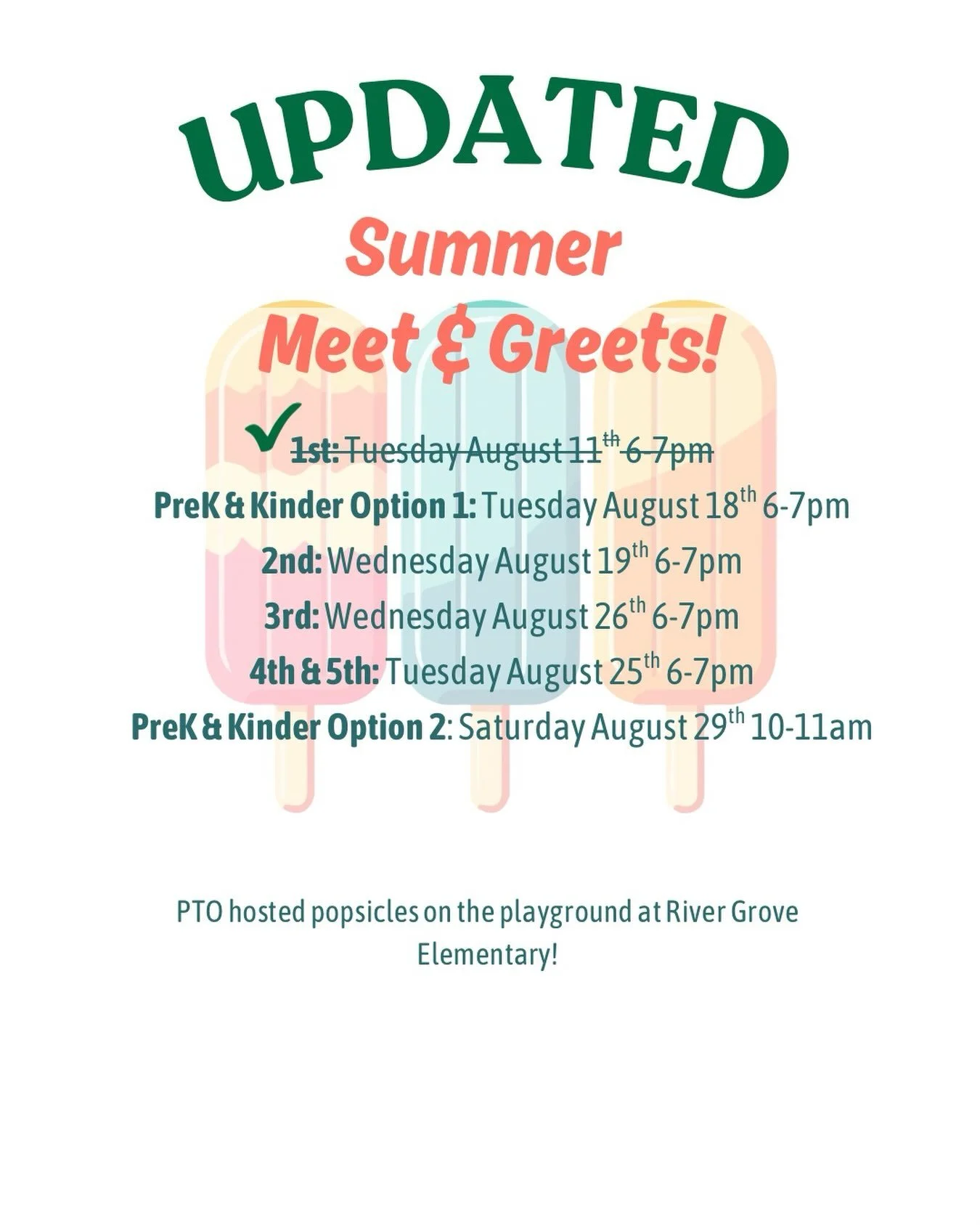 UPDATED
☀️ Popsicles on the Playground! ☀️
Join us for our Grade-Level Meet &amp; Greets at the River Grove Elementary playground! These casual get-togethers are a fun way for students and families to reconnect with old friends, meet new classmates, 