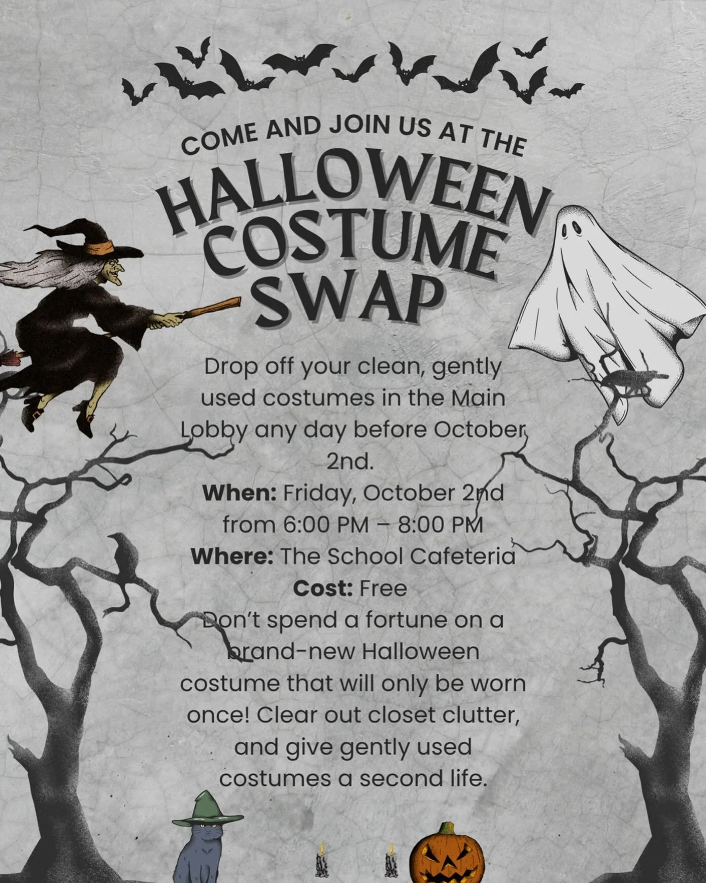 🎃👻 Costume Swap is coming to River Grove! 👻🎃

Have gently used, clean costumes your kids have outgrown? Donate them to the PTO and give them a second life! ♻️✨

📍 Drop-off: RG Lobby
📅 Now through October 1

Then, on Thursday, October 2, bring t