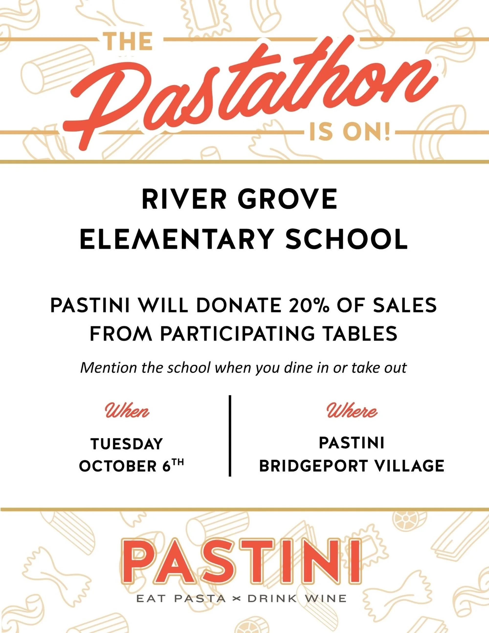 🍝 Have dinner plans this Tuesday? You do now! 😉

Help us spread the word and tell your friends, family, neighbors, and fellow River Grove families in the area to opt out of cooking this Tuesday and head to Pastini instead! 

Whether you&rsquo;re di