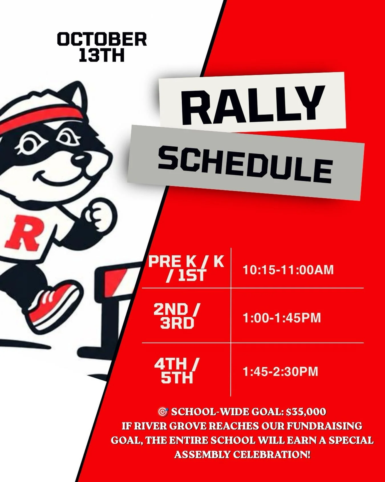🦝🎉 TODAY IS THE DAY, RACCOONS! IT&rsquo;S RACCOON RALLY TIME! 🎉🦝

The big day is HERE! ❤️ Today, all River Grove students will receive a brand-new school spirit shirt and take part in our annual Raccoon Rally Move-A-Thon! 👕🏃&zwj;♀️🏃&zwj;♂️

Ge