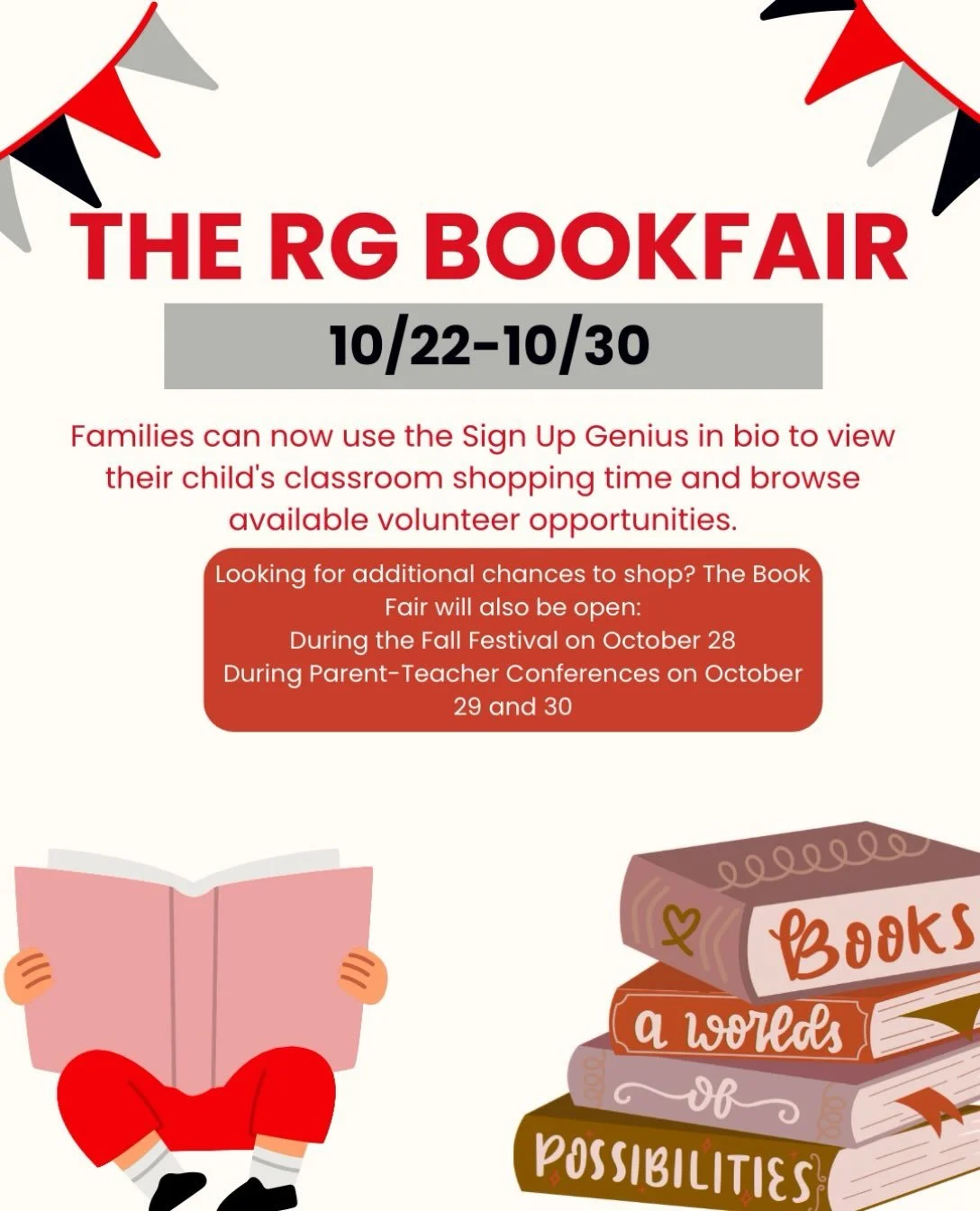 📚✨ THE RIVER GROVE BOOK FAIR IS COMING! ✨📚

Get ready to stock up on your next favorite reads! The River Grove Book Fair is coming October 22&ndash;30! ❤️📖

🛍️ Shop with your class! Students will have the opportunity to browse and shop during the