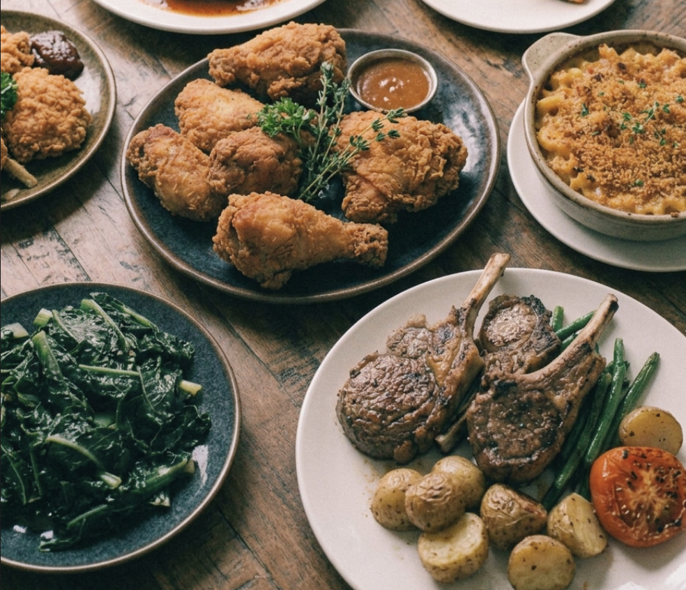 A table with a plate of fried chicken, a bowl of mashed potatoes with gravy, sautéed greens, and lamb chops with roasted potatoes and vegetables.