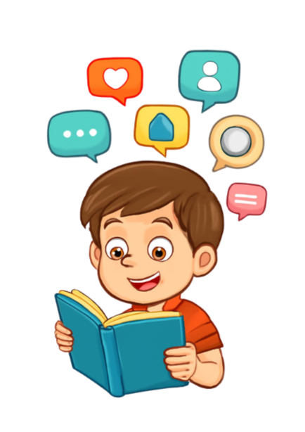 A cartoon boy reading a book with colorful chat and message icons floating above his head.