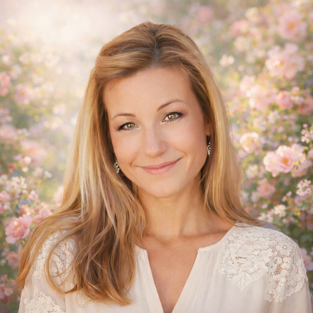 A woman with long, wavy blonde hair smiling outdoors with a background of pink and white flowers.
